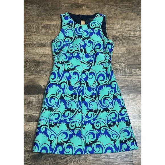 J.Crew Dress 0 G1061 Blue Green‎ Baroque Scroll Sheath Sleeveless Jacquard SP17 - Picture 1 of 13